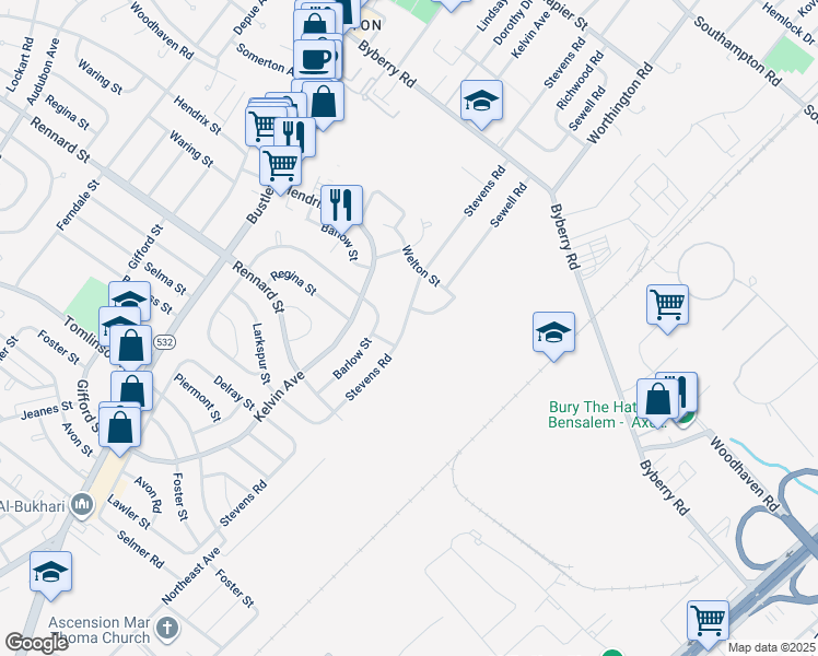 map of restaurants, bars, coffee shops, grocery stores, and more near 11725 Stevens Road in Philadelphia