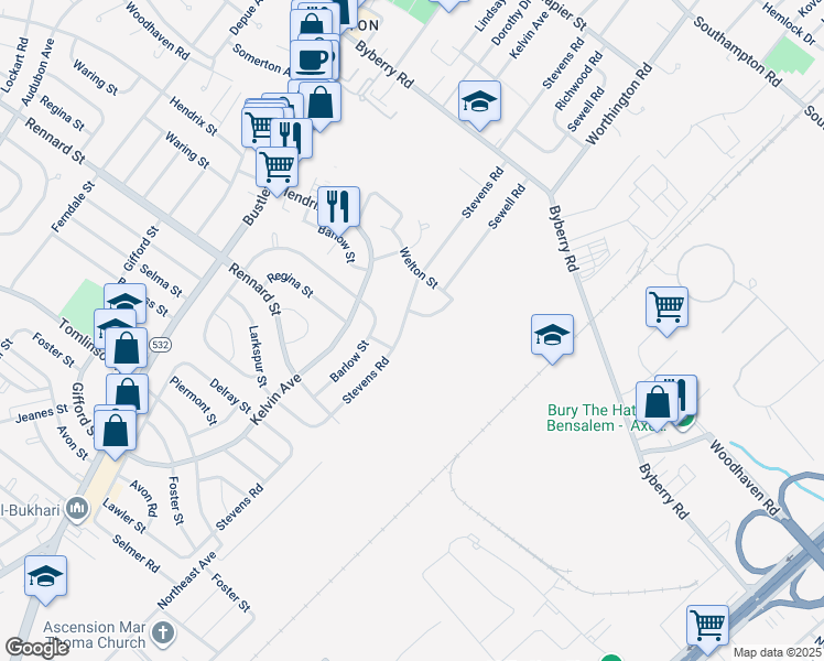 map of restaurants, bars, coffee shops, grocery stores, and more near 11725 Stevens Road in Philadelphia