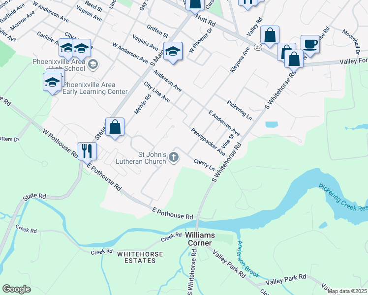 map of restaurants, bars, coffee shops, grocery stores, and more near 302 Saint Johns Circle in Phoenixville