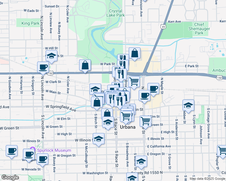 map of restaurants, bars, coffee shops, grocery stores, and more near 301 North Race Street in Urbana