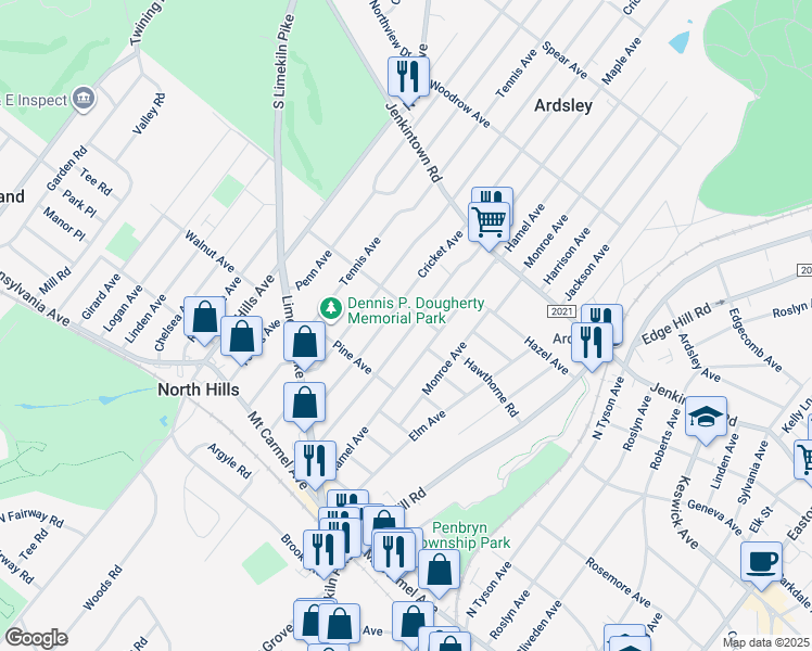 map of restaurants, bars, coffee shops, grocery stores, and more near 348 Maple Avenue in Glenside