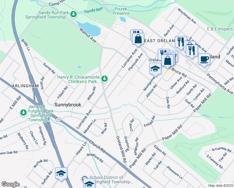 map of restaurants, bars, coffee shops, grocery stores, and more near 323 Roesch Avenue in Oreland