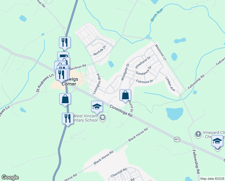 map of restaurants, bars, coffee shops, grocery stores, and more near 181 Windgate Drive in Chester Springs