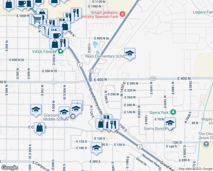 map of restaurants, bars, coffee shops, grocery stores, and more near 398 North 1280 East in Spanish Fork