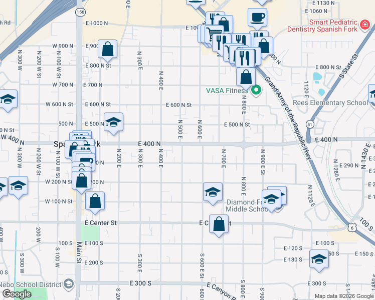 map of restaurants, bars, coffee shops, grocery stores, and more near 540 East 400 North in Spanish Fork