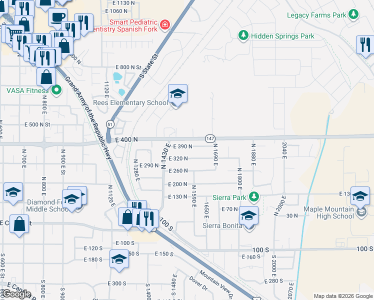 map of restaurants, bars, coffee shops, grocery stores, and more near 1538 East 390 North in Spanish Fork