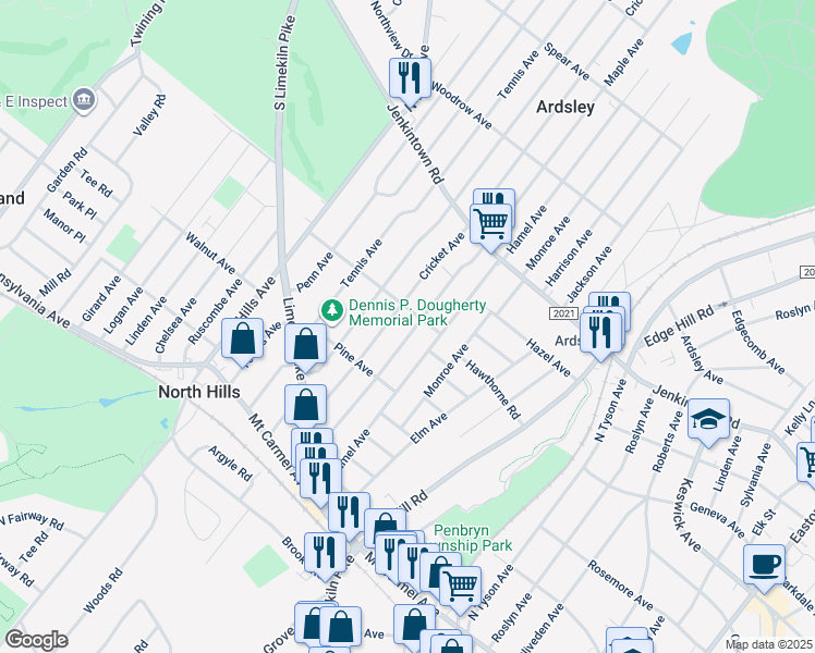map of restaurants, bars, coffee shops, grocery stores, and more near 348 Maple Avenue in Glenside