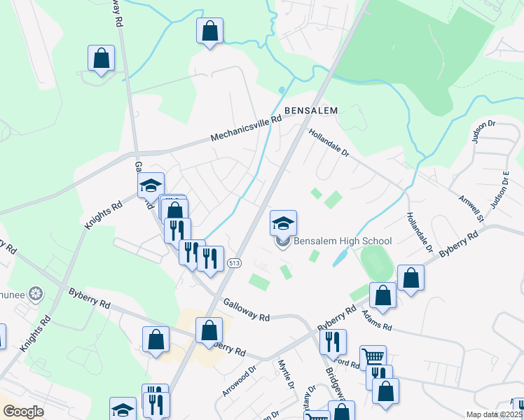 map of restaurants, bars, coffee shops, grocery stores, and more near 4319 Hulmeville Road in Bensalem