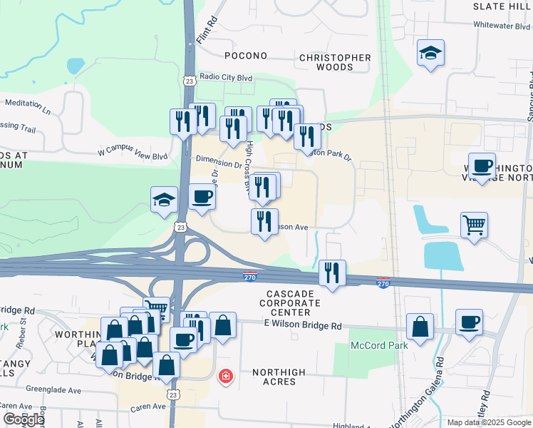 map of restaurants, bars, coffee shops, grocery stores, and more near 44 High Cross Boulevard in Columbus