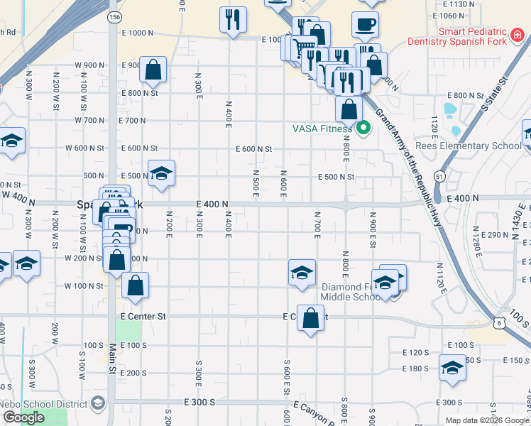 map of restaurants, bars, coffee shops, grocery stores, and more near 374 North 500 East in Spanish Fork