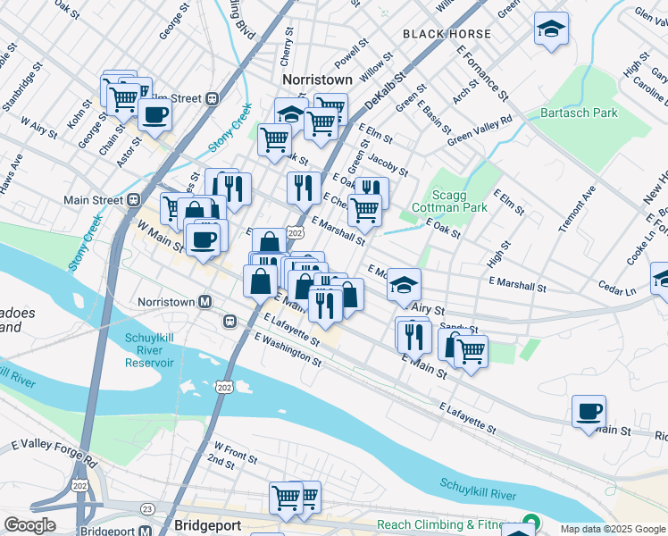 map of restaurants, bars, coffee shops, grocery stores, and more near 235 State Route 3009 in Norristown