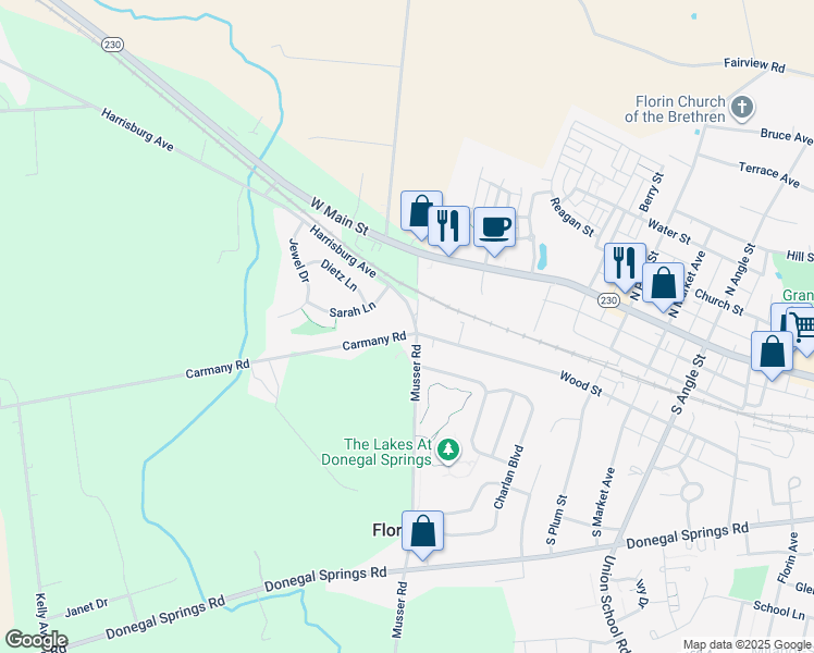 map of restaurants, bars, coffee shops, grocery stores, and more near 1109 Carmany Road in Mount Joy