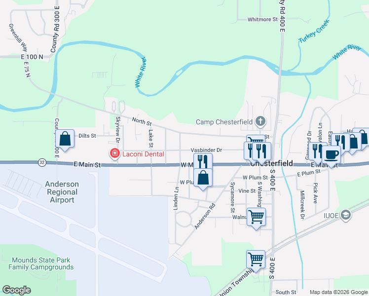map of restaurants, bars, coffee shops, grocery stores, and more near 618 Vasbinder Drive in Anderson