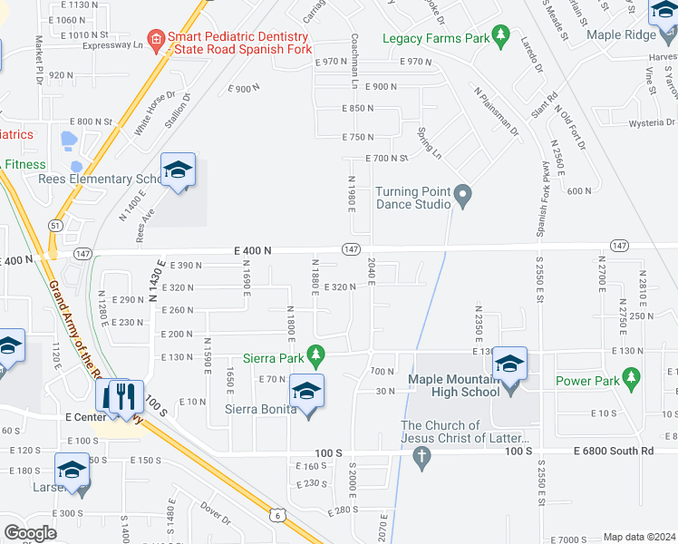 map of restaurants, bars, coffee shops, grocery stores, and more near 1981 East 320 North in Spanish Fork