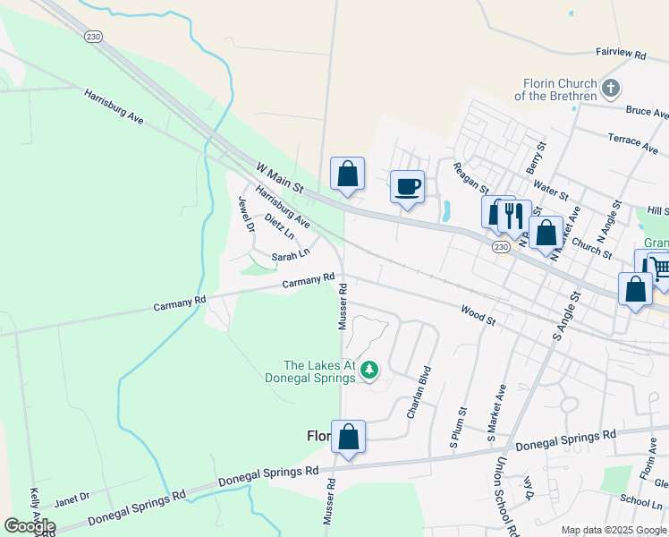 map of restaurants, bars, coffee shops, grocery stores, and more near 1109 Carmany Road in Mount Joy