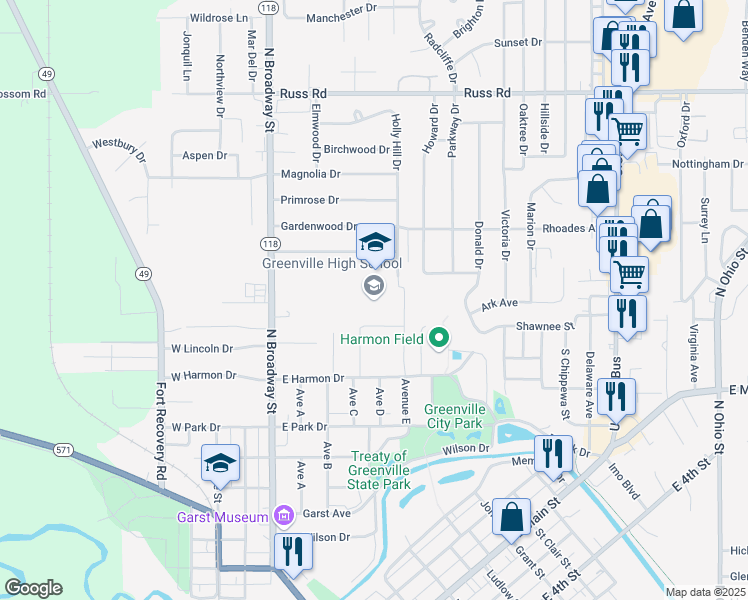map of restaurants, bars, coffee shops, grocery stores, and more near 100 Greenwave Way in Greenville