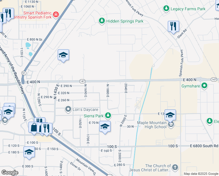 map of restaurants, bars, coffee shops, grocery stores, and more near 1896 East 380 North in Spanish Fork