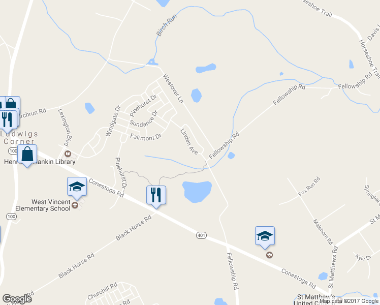 map of restaurants, bars, coffee shops, grocery stores, and more near 1024 Linden Avenue in Chester Springs