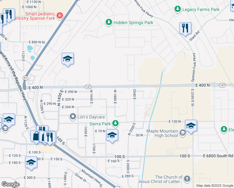 map of restaurants, bars, coffee shops, grocery stores, and more near 1896 East 380 North in Spanish Fork