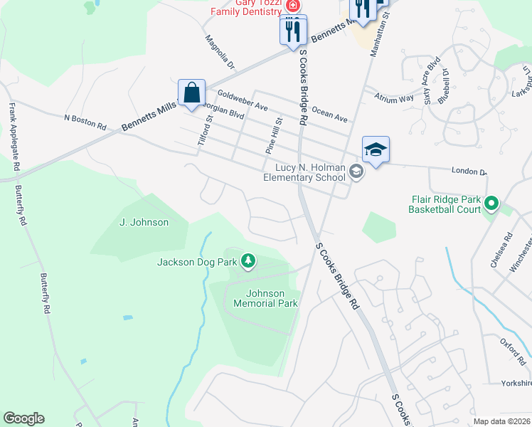 map of restaurants, bars, coffee shops, grocery stores, and more near 10 Long Bay Road in Jackson Township