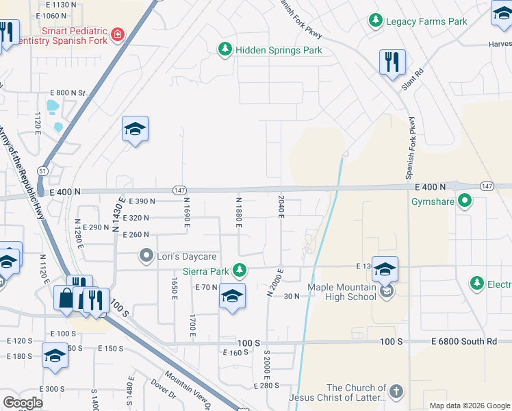 map of restaurants, bars, coffee shops, grocery stores, and more near 1981 East 320 North in Spanish Fork