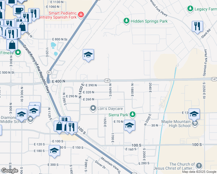 map of restaurants, bars, coffee shops, grocery stores, and more near 348 North 1690 East in Spanish Fork