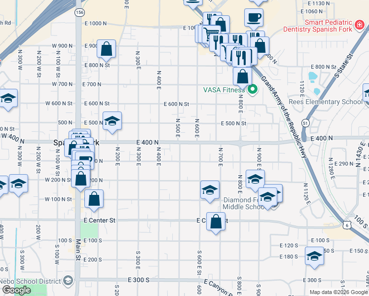 map of restaurants, bars, coffee shops, grocery stores, and more near 540 East 400 North in Spanish Fork