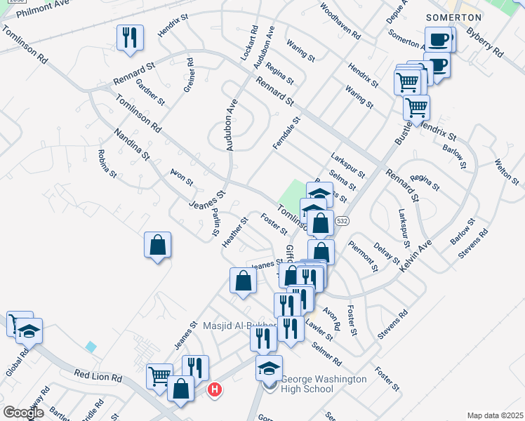 map of restaurants, bars, coffee shops, grocery stores, and more near 517 Foster Street in Philadelphia