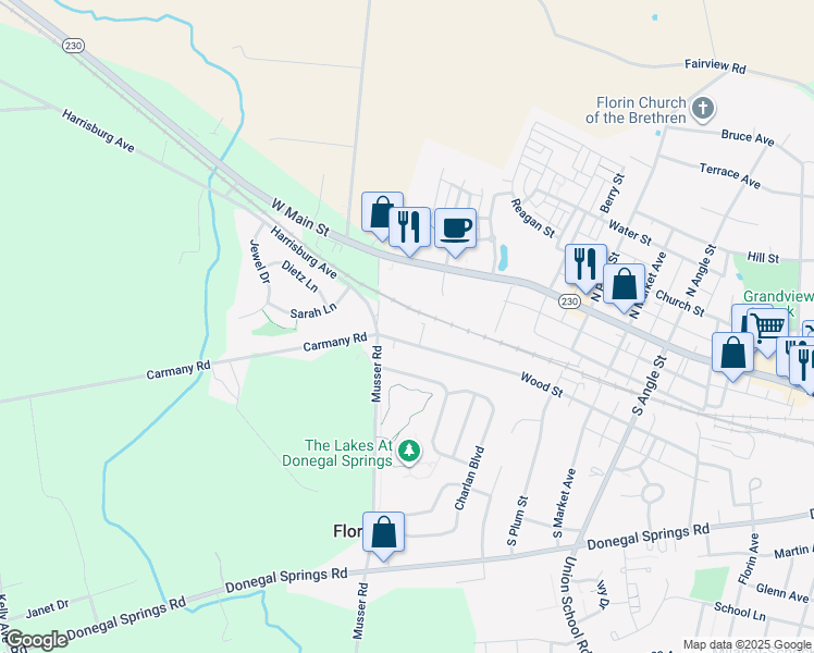 map of restaurants, bars, coffee shops, grocery stores, and more near 1087 Wood Street in Mount Joy