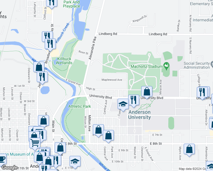 map of restaurants, bars, coffee shops, grocery stores, and more near 708 High Street in Anderson