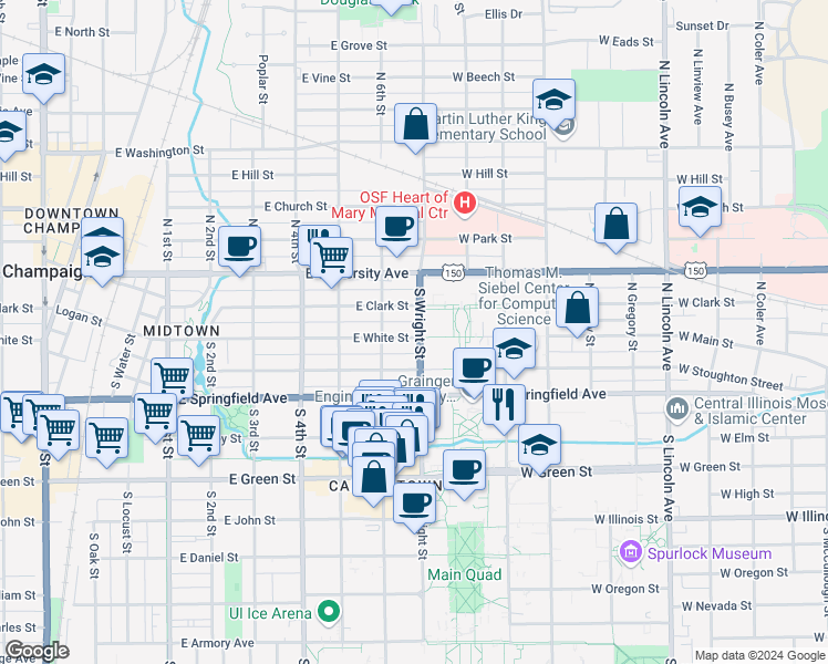 map of restaurants, bars, coffee shops, grocery stores, and more near 306 North Wright Street in Urbana