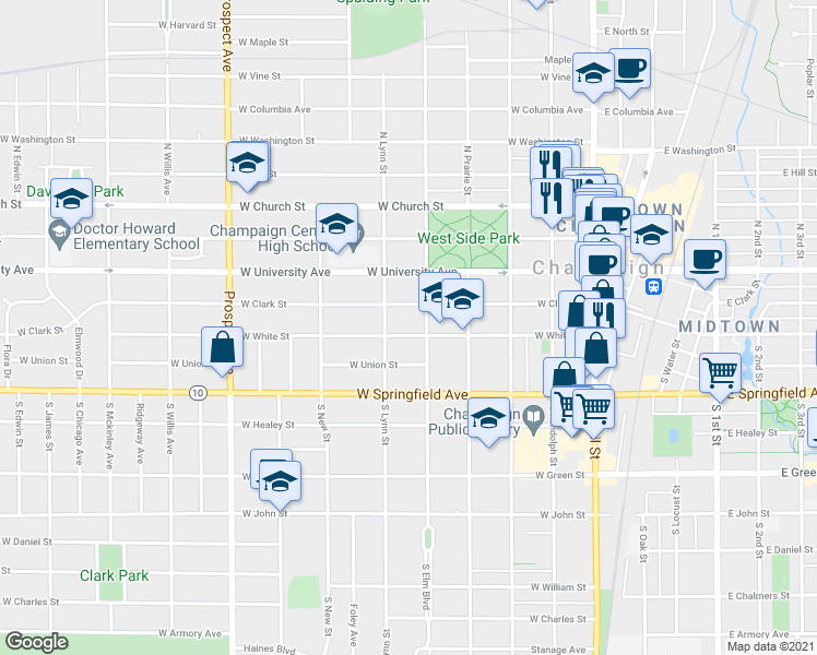 map of restaurants, bars, coffee shops, grocery stores, and more near 508 West White Street in Champaign