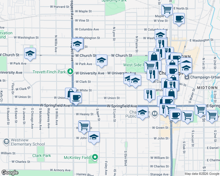 map of restaurants, bars, coffee shops, grocery stores, and more near 606 West White Street in Champaign