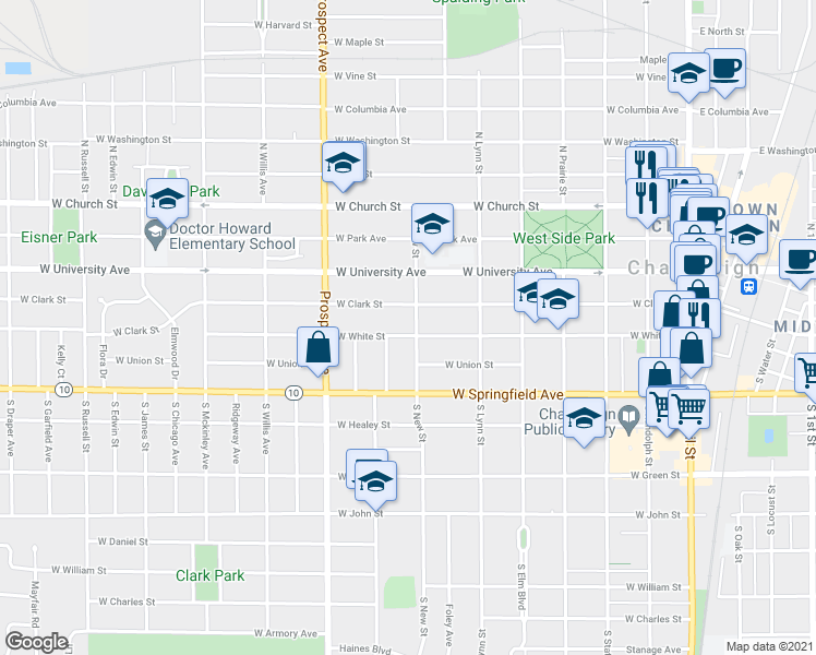 map of restaurants, bars, coffee shops, grocery stores, and more near 618 West White Street in Champaign