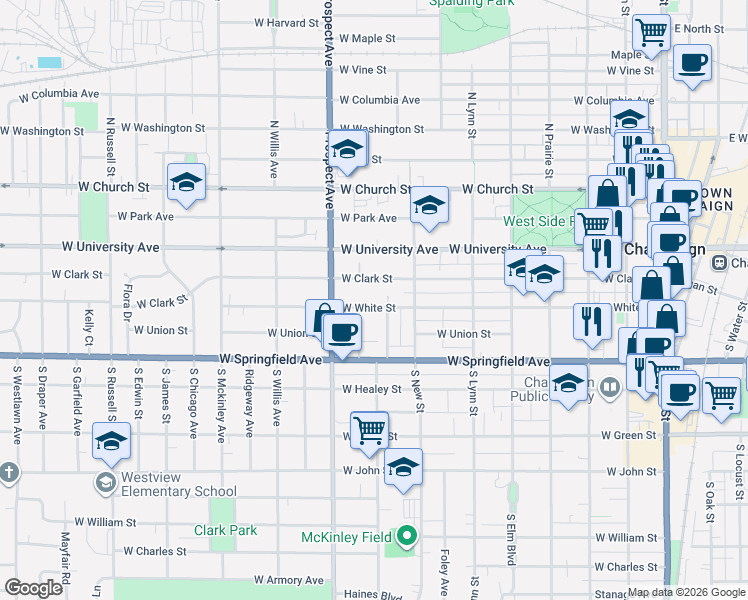 map of restaurants, bars, coffee shops, grocery stores, and more near 712 West White Street in Champaign