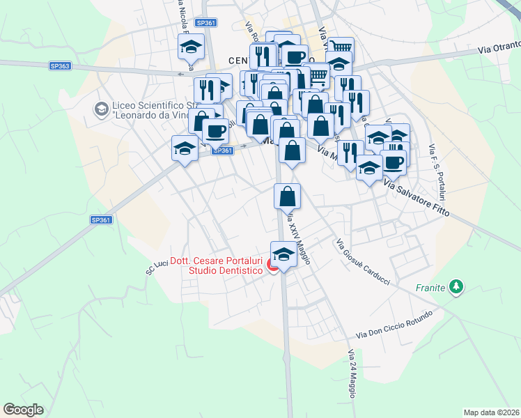 map of restaurants, bars, coffee shops, grocery stores, and more near 89 Via Scorrano in Maglie