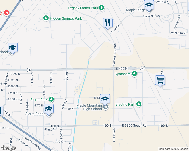 map of restaurants, bars, coffee shops, grocery stores, and more near 377 2350 East in Springville