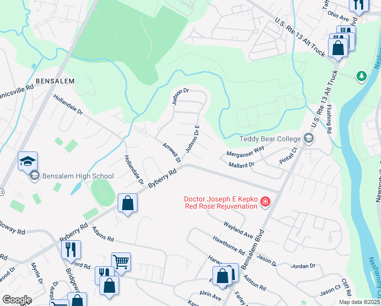 map of restaurants, bars, coffee shops, grocery stores, and more near 1394 Abbey Way in Bensalem