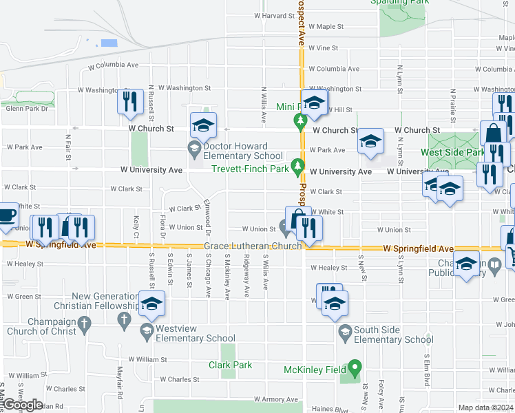 map of restaurants, bars, coffee shops, grocery stores, and more near 1004 West White Street in Champaign