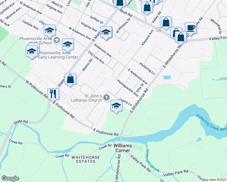 map of restaurants, bars, coffee shops, grocery stores, and more near 302 Saint Johns Circle in Phoenixville