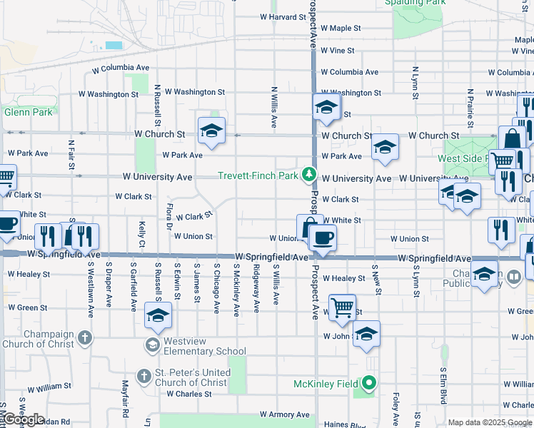 map of restaurants, bars, coffee shops, grocery stores, and more near 1004 West White Street in Champaign