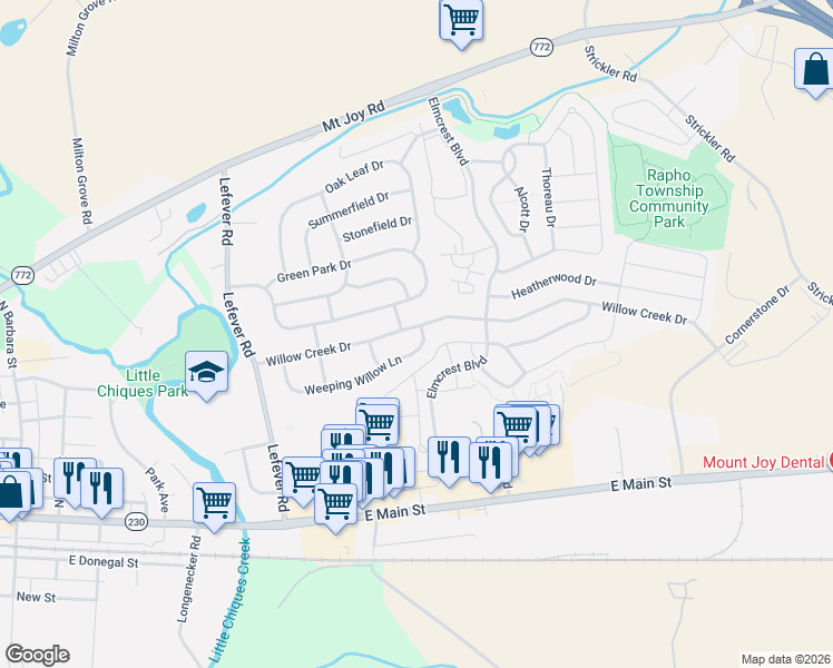 map of restaurants, bars, coffee shops, grocery stores, and more near 2191 Weeping Willow Lane in Mount Joy