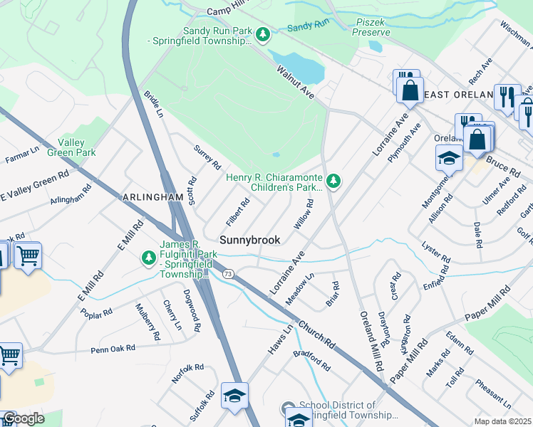 map of restaurants, bars, coffee shops, grocery stores, and more near 502 Burton Road in Oreland