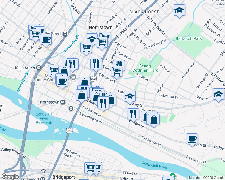 map of restaurants, bars, coffee shops, grocery stores, and more near 314 East Moore Street in Norristown
