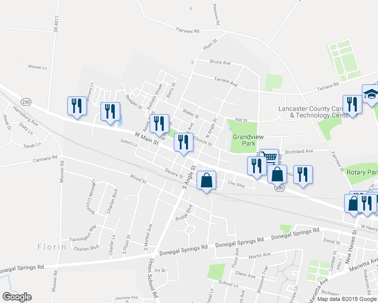 map of restaurants, bars, coffee shops, grocery stores, and more near 721 West Main Street in Mount Joy