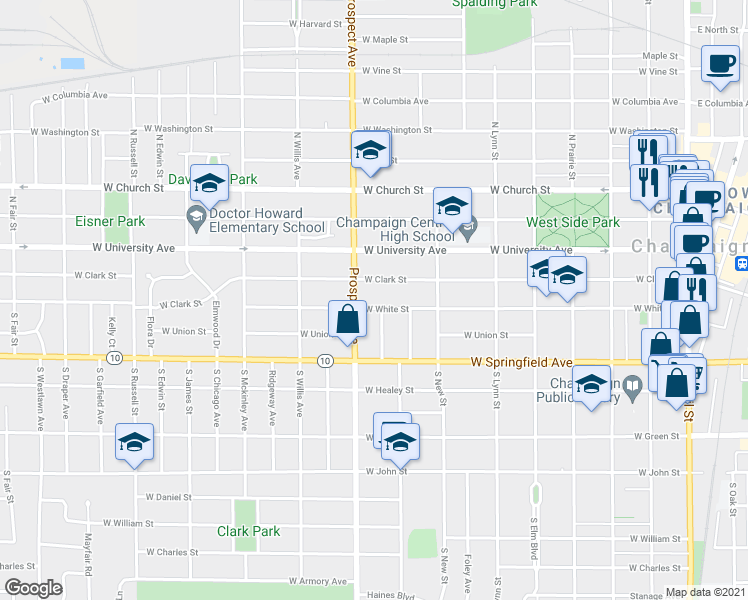 map of restaurants, bars, coffee shops, grocery stores, and more near 810 West White Street in Champaign