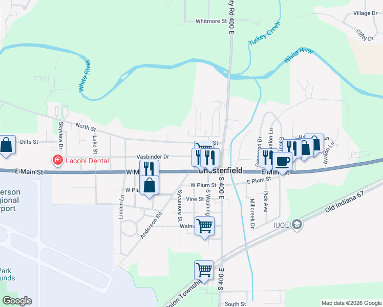 map of restaurants, bars, coffee shops, grocery stores, and more near 107 Hall Street in Anderson
