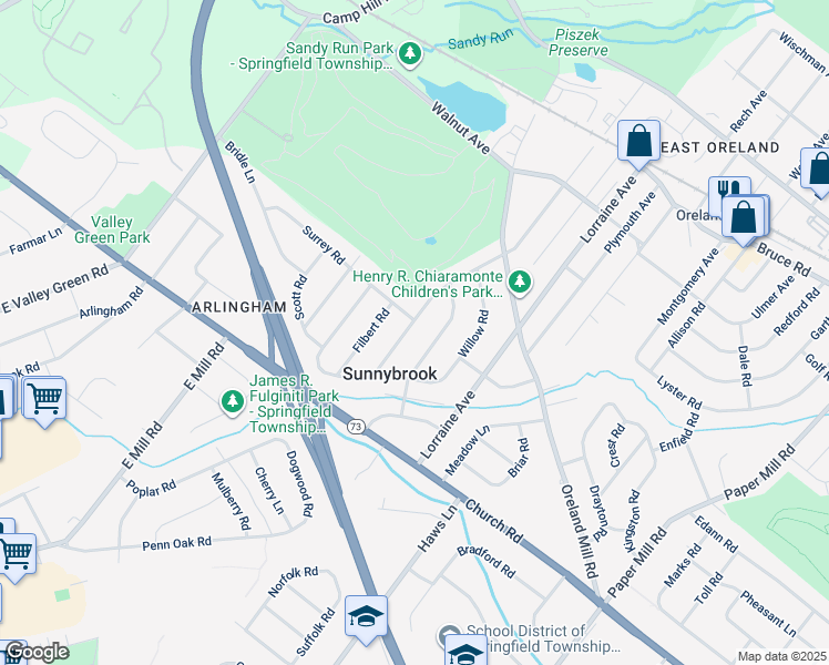 map of restaurants, bars, coffee shops, grocery stores, and more near 502 Burton Road in Oreland