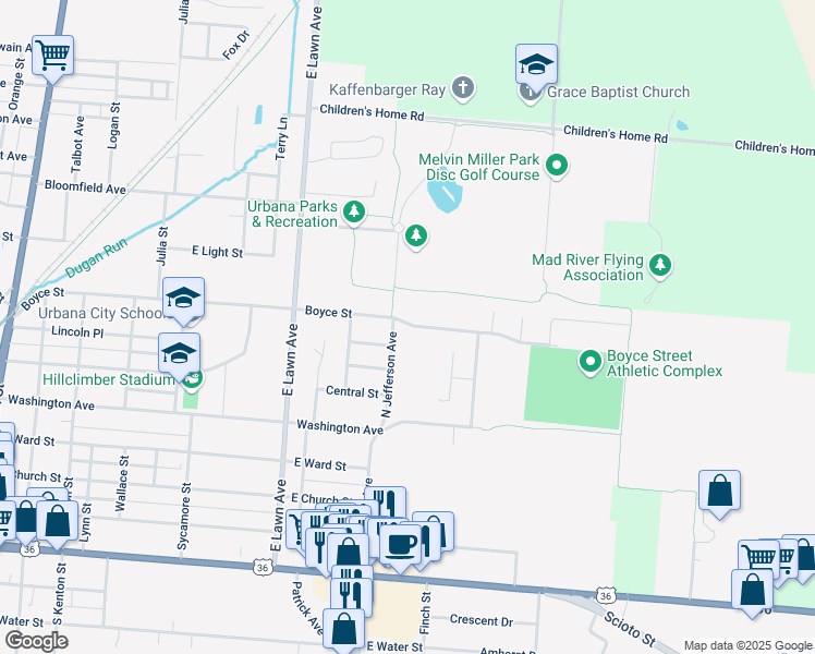 map of restaurants, bars, coffee shops, grocery stores, and more near 815 Boyce St in Urbana