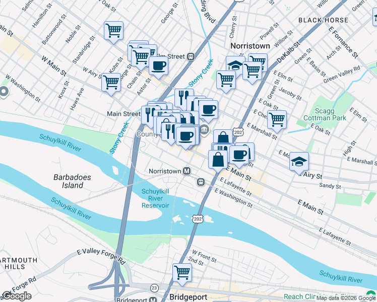 map of restaurants, bars, coffee shops, grocery stores, and more near in Norristown